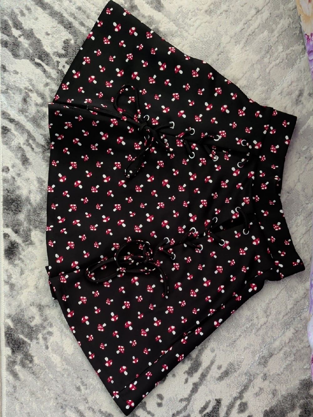 Hot Topic Black Mini Skirt with Red and White Mushroom Print